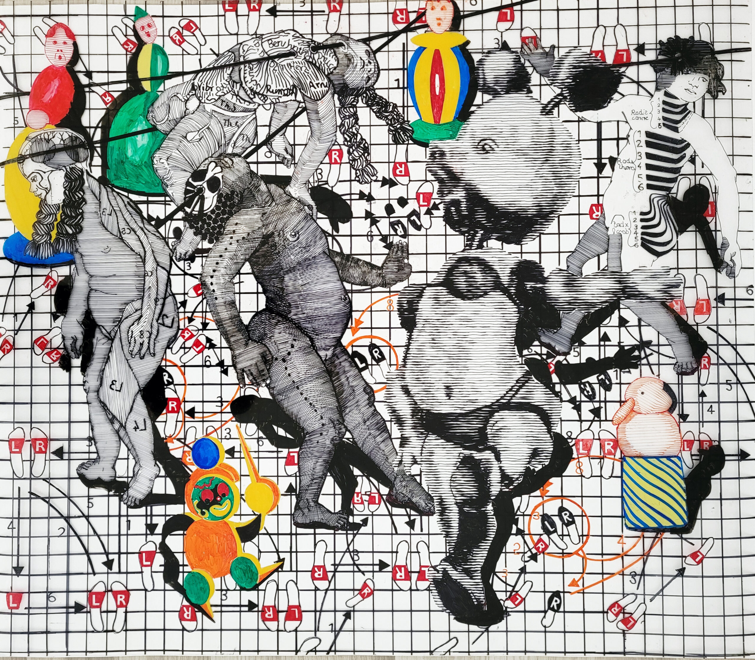 Kultur Reinickendorf - Cornelia Renz, Totentanz–Guidelines, 2024, Pigmentstift auf Folie, 70 × 80 cm, © Cornelia Renz, VG Bild-Kunst, Bonn
